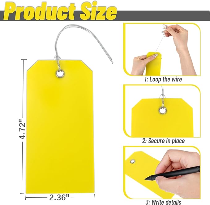 Yellow Shipping Tags with Wire - 100PCS 2.36" x 4.72" Plastic Hang Shipping Tags for Labeling,Waterproof Blank Tag, Wire Labels with String for Outdoors,Price,Inventory,Garage Sales,Luggage Clothing