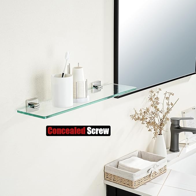 JQK Bathroom Glass Shelf, Floating Tempered Glass Shower Storage 20 by 5 inches, 304 Stainless Steel Polished Chrome Wall Mount, TGS201L20-CH