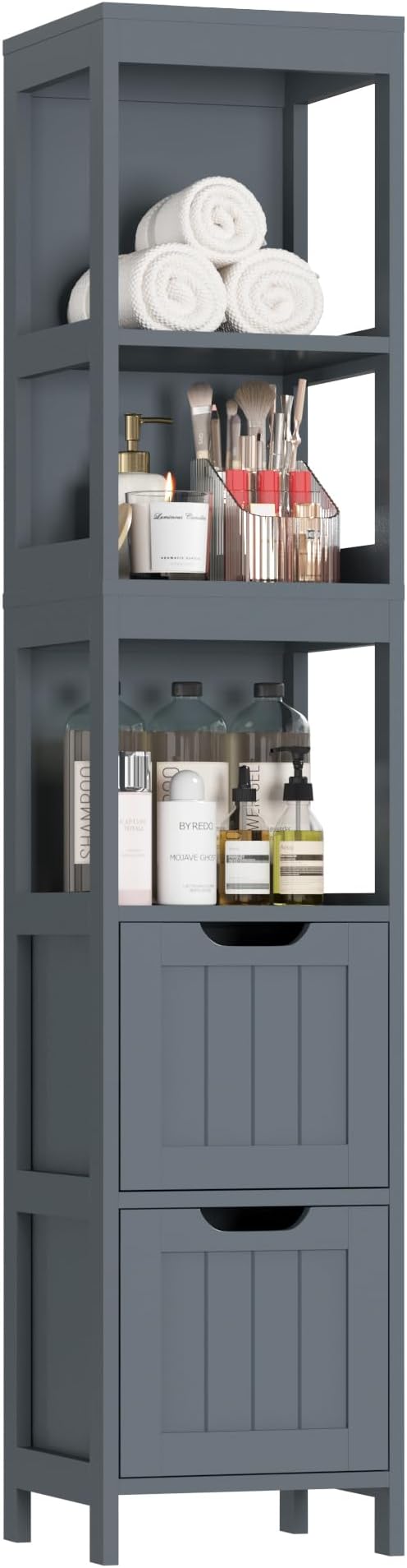 HOMEFORT Bathroom Storage Cabinet, Slim Tall Cabinet, Narrow Floor Cabinet Organizer, Wooden Linen Tower with 2 Drawers and 3 Shelves, Freestanding Storage Cupboard Grey