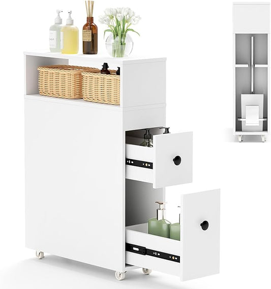 LOKO Slim Bathroom Storage Cabinet with Wheels, Narrow Toilet Side Cabinet with Drawers, Removable Storage Baskets, Toilet Brush Holder, Movable Bathroom Organizer or Skinny Corner, Narrow Spaces