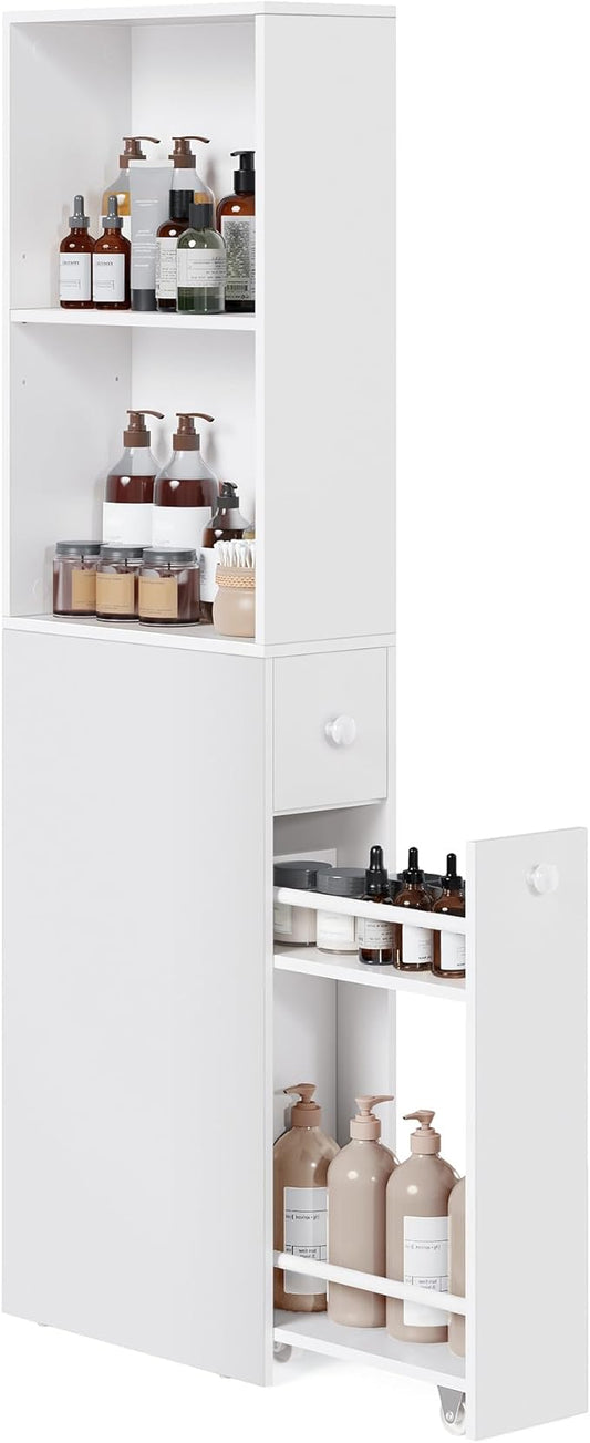 VASAGLE Slim Bathroom Storage Cabinet, Narrow Freestanding Cabinet with Storage Drawers and Adjustable Shelf, for Small Spaces, Modern Style, Cloud White UBBK567T14S | Narrow, Freestanding, Storage Drawers, Adjustable Shelf, Modern Style