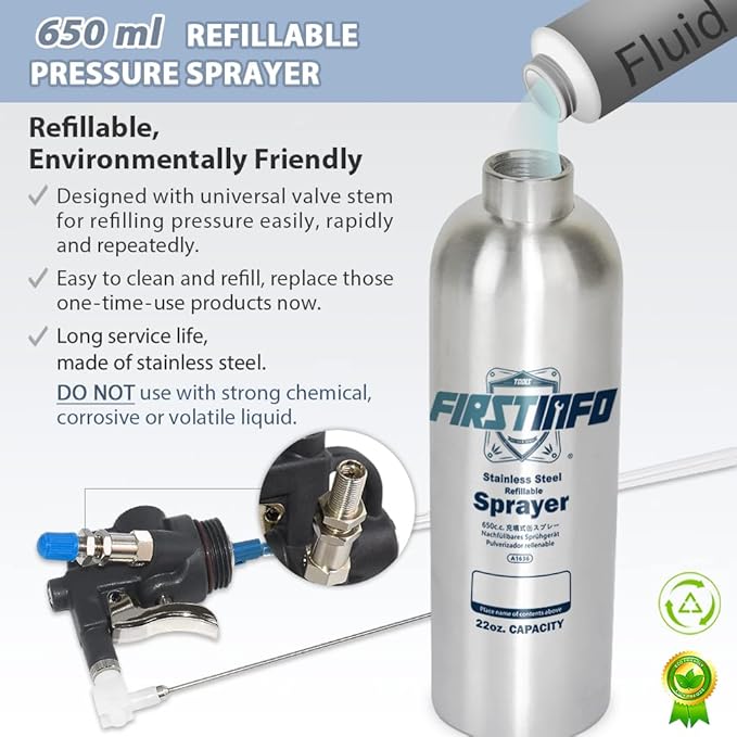 FIRSTINFO Patented Max. Pressure 110psi / 650ml Stainless Steel Canister Refillable Aerosol Spray Can w/Storage Holder