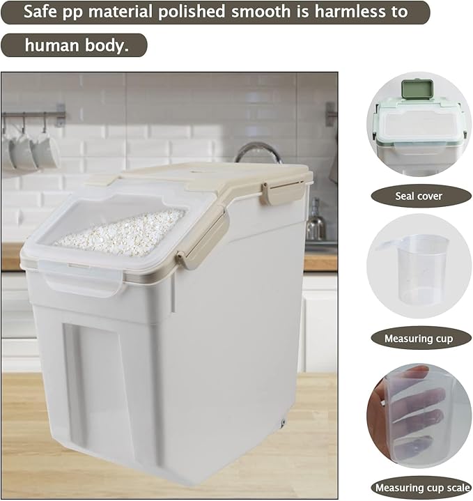 Rice Container 25 lbs Airtight, 4 Packs Flour Storage Containers Bin with Wheels Seal Locking Lid, BPA Free, Measuring Cup & Scoop, Kitchen Organizer Boxes for Grain, Sugar, Beans, Cereal (Grey)