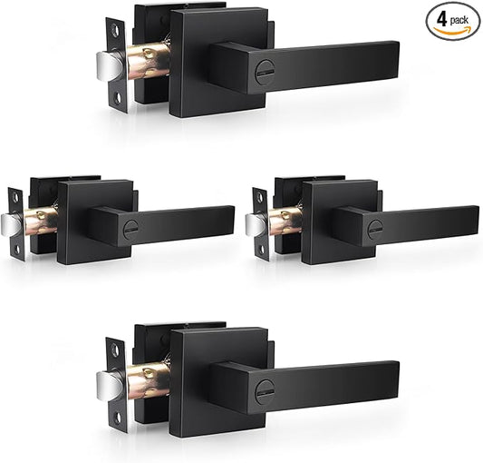 Probrico Matte Black Square Privacy Door Levers Bed Bath Door Handles, Heavy Duty Interior Keyless Door Locks for Left or Right Sided Doors, 4 Pack, Modern Design