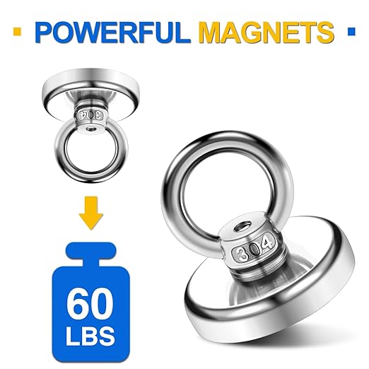 DIYMAG Magnetic Hooks, 60 Lbs(27 KG) Pulling Force Rare Earth Magnetics Hook with Countersunk Hole Eyebolt for Workplace, Home, Kitchen, Fishing, Office and Garage, Pack of 6, Silver, DIY-NJ25-6P