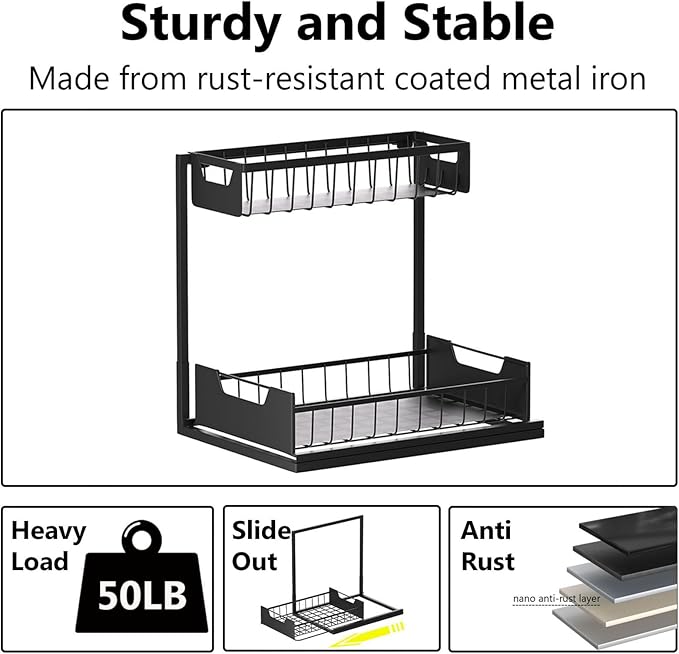 Under Kitchen Sink Organizers and Storage Pull Out 2 Tier Metal Bathroom Cabinet Organizer (Black, 2 Pack)