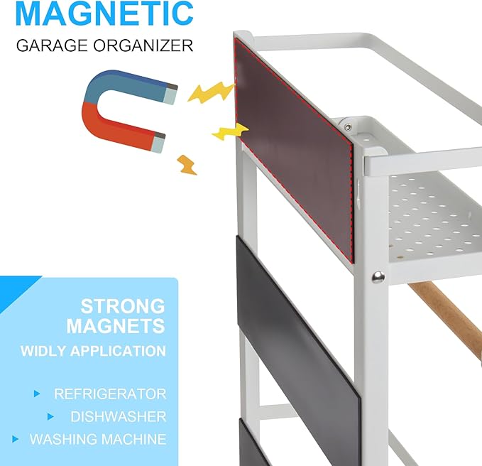 Garage Magnetic Rack Foldable, 2-in-1 Paper Towel Holder with Shelf, Garage Storage Organization, Heavy Duty Paper Towel Holder with 5 Removable Hooks for Tool Shed, Garage, Workbench, Kitchen