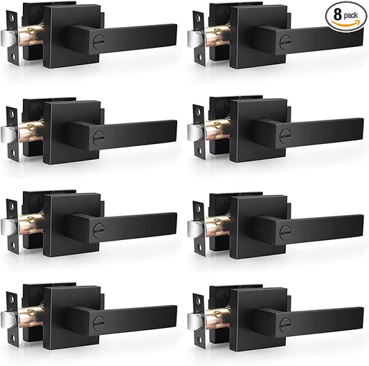 Probrico 8 Pack| Square Privacy Door Levers Locksets in Matte Black Finish, Bed/Bath Door Levers Keyless Interior Handles,Reversible for Left Right Handed Doors