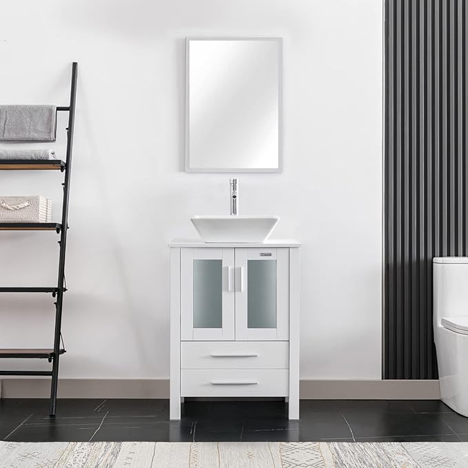 eclife 24" Modern Bathroom Vanity Sink Combo Freestanding Cabinet with Soft Closing Door, White Square Ceramic Vessel Sink, Water Save Faucet, Drain (White+A07)