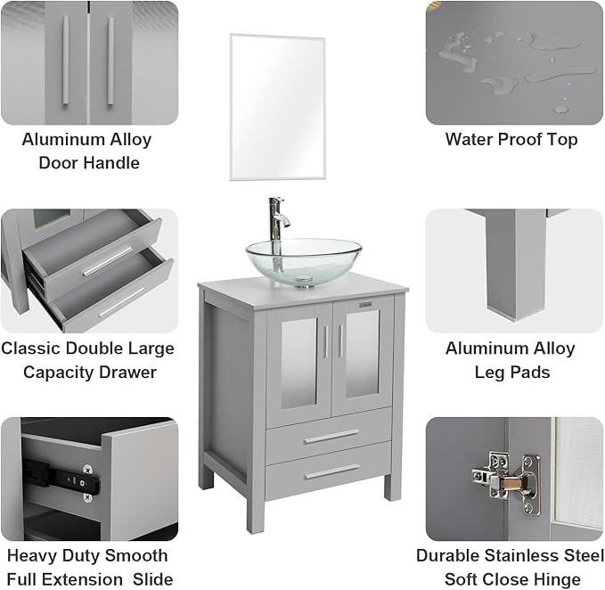 eclife 24" Modern Bathroom Vanity Sink Combo Freestanding Cabinet with Soft Closing Door, Clear Round Glass Vessel Sink, Water Save Faucet, Drain (Gray+A16)