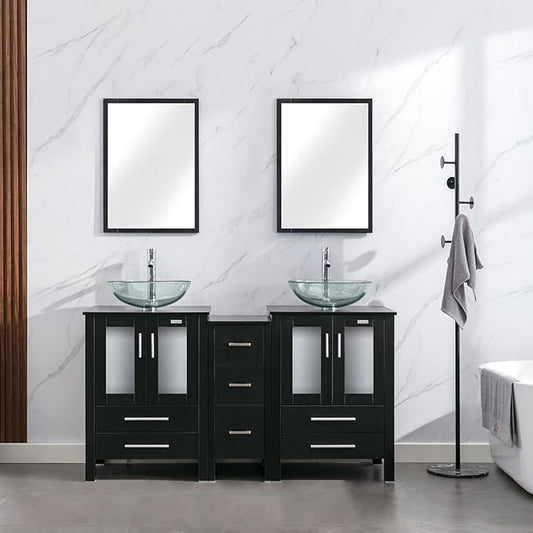 eclife 60" Modern Bathroom Vanity Sink Combo Freestanding Cabinet with Small Side Cabinet, Clear Round Glass Vessel Sink, Water Save Faucet, Drain (Black+A16)
