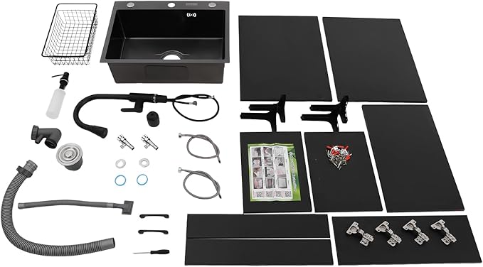 Laundry Sink Cabinet with Pull-Out Faucet, Stainless Steel Freestanding Utility Room Sink with Cabinet Utility Tub for Bathroom Laundry Room Kitchen (23.62x17.72in Black)