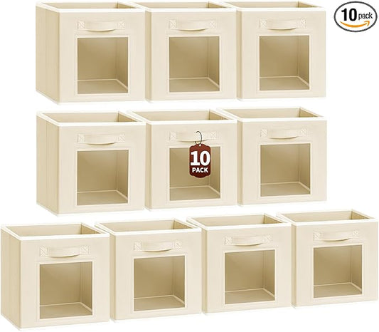 Foldable Storage Cubes - Cubby Storage Organizer with Window, Decorative Baskets for Organizing, 11 Inch Fabric Cube Shelf Bins, Set of 10, Beige