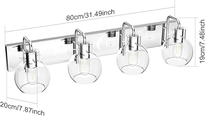 Tipace Chrome Modern Bathroom Vanity Light Fixtures Over Mirror Glass Globe 4 Lights Stainless Steel Vanity Lights Farmhouse Bath Lighting(Exclude Bulb)