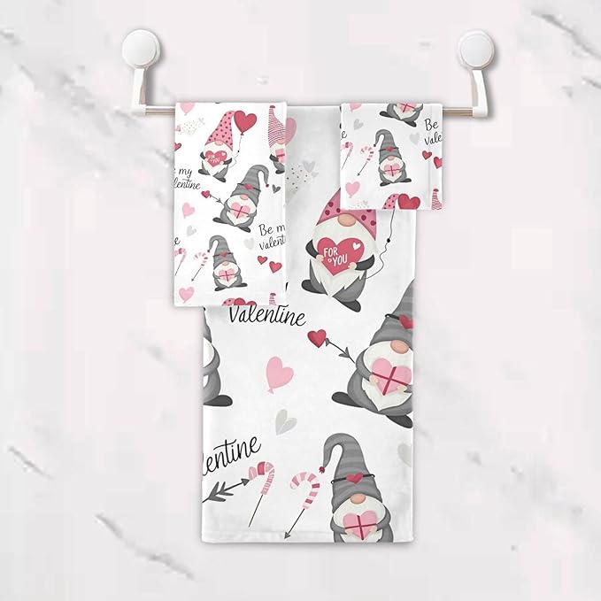 Cute Gnomes Hearts Pink Towels Set of 3 Romantic Romantic Love Spring White Bathroom Towel Soft Absorbent Bath Hand Towels Washcloth Guest Towel Sets Mother Valentine Decorations