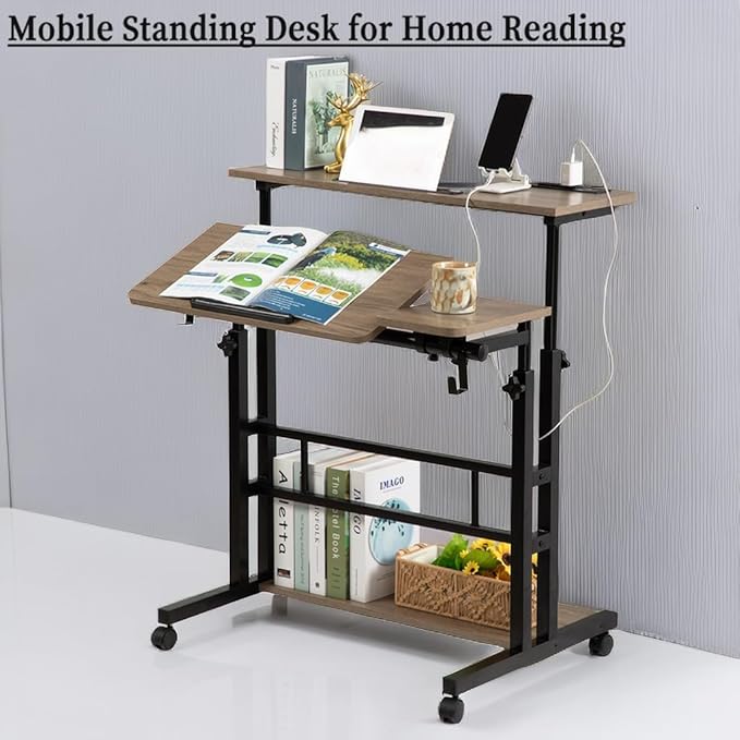 Hadulcet Rolling Stand Up Desk Adjustable Height - Portable Standing Desk with Wheels & Charging Station, Mobile Laptop Desk Small Standing Desk Drawing Table, Grey