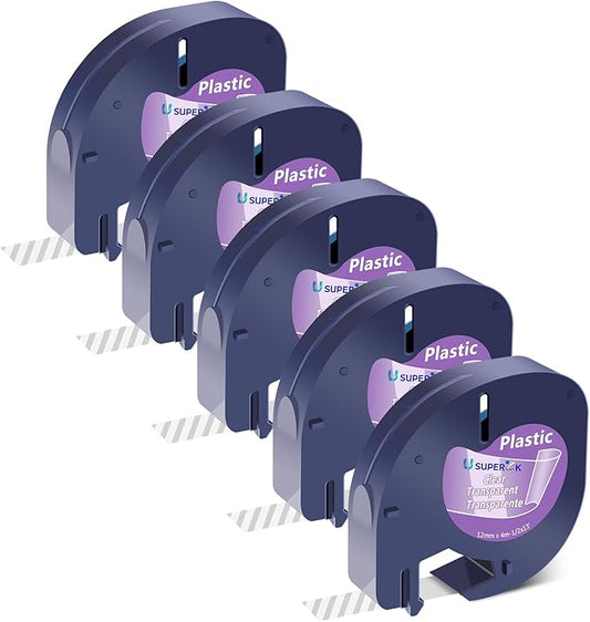 5 Pack Clear Label Tape Compatible for Dymo Letratag Refills Clear Plastic Tape 16952 Label Maker Refill 12mm x 4m for Dymo Letratag LT100H LT100T 200B QX50