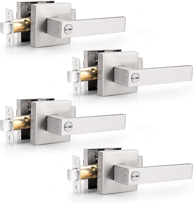 Probrico Heavy Duty Square Satin Nickel Privacy Door Levers, Interior Keyless Locks Bath/Bed Door Locksets, Reversible for Left/Right Handed Doors, 4 Pack