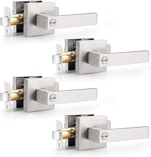 Probrico Heavy Duty Square Satin Nickel Privacy Door Levers, Interior Keyless Locks Bath/Bed Door Locksets, Reversible for Left/Right Handed Doors, 4 Pack