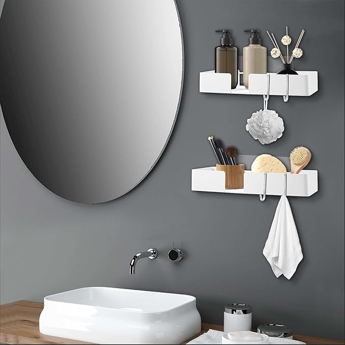 ABCOOL Shower Caddy Floating Bathroom Shelves - Set of 2, No Drill Wall Mounted Adhesive Hanging Shelves with Hooks Decorative Storage Shelves for Kitchen Living Room Bedroom