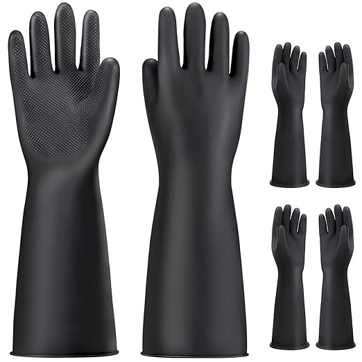 Thick Chemical Resistant Gloves, 3 Pairs 18" Long Anti Slip Diamond Grip Black Waterproof Alkali/Acid/Oil Resistant Reusable Heavy Duty Rubber Gloves for Cleaning, Dishwashing, Gardening