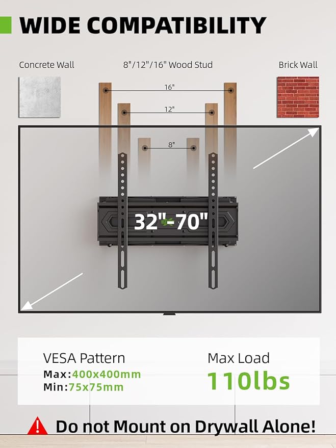 USX MOUNT TV Wall Mount for 32-70 inch Flat Screen/LED/4K up to 110lbs, Full Motion TV Mount Bracket with Swivel & Tilt Articulating Dual Arms, Max VESA 400x400mm, Fits 12/16" Wood Studs