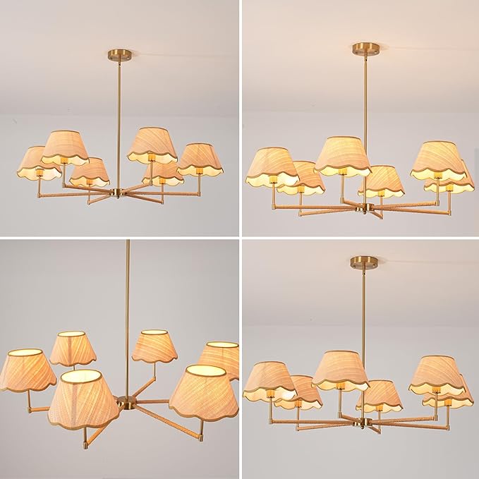39" Adjustable Boho Rattan Chandelier - 6-Light Rustic Industrial Farmhouse Coastal Pendant Light Fixture for Kitchen Island, Dining & Living Room, Natural Wood Accents, UL Listed, E12 Base