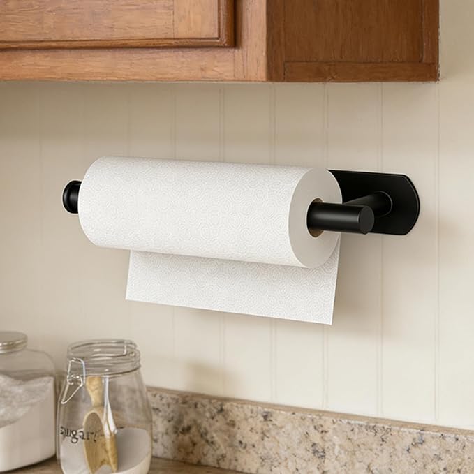 HUFEEOH Adhesive Paper Towel Holder Under Cabinet Wall Mount for Kitchen Paper Towel, Stainless Steel Paper Towel Roll Rack for Bathroom Towel (13inch, Black)