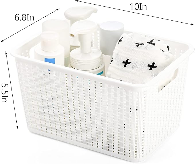 WUWEOT 9 Pack Plastic Storage Basket Bins Organizer, Cabinet and Shelf Basket with Handle,10" L x 6.8" W x 5.5" H, 3 Colors