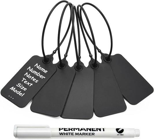 100 Black Blank Plastic Tags for Labeling Waterproof Hanging Labels Writable Tags Seal Plastic Marking Label for Clothes Bags Keys Inventory with One Marker Pen