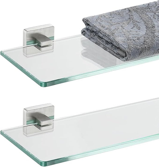 JQK Bathroom Glass Shelf, Floating Tempered Glass Shower Storage 20 by 5 inches, 304 Stainless Steel Brushed Finish Wall Mount 2 Pack 2 Pack, TGS201L20-BN-P2