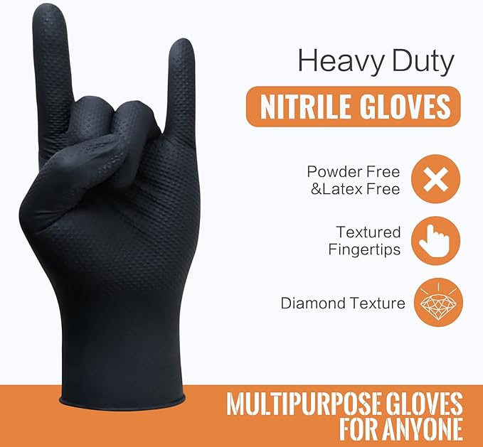 Wostar Black Raised Diamond Texture 8 Mil Nitrile XLarge Glove Latex & Powder Free 100 Count Black Nitrile Disposable Glove