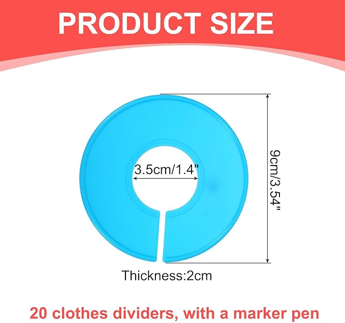uxcell Clothes Dividers,20 Pack Round Closet Rack Dividers Clothing Rack Size Dividers Blank Labels with Marker Pen Writable & Reusable for Hanging Clothes Sorting Size, Light Blue