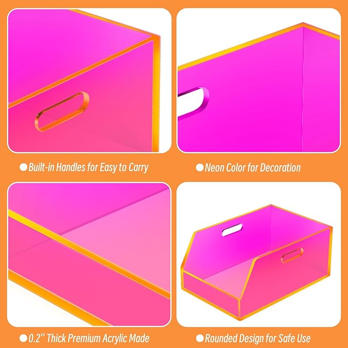 Gelite Stackable Storage Bins Open Front Organizer Bins with Handles Acrylic Storage Container for Pantry Kitchen Cabinet Bathroom Closet Office Organization, 11.4x7.5x5.1'', Neon Pink