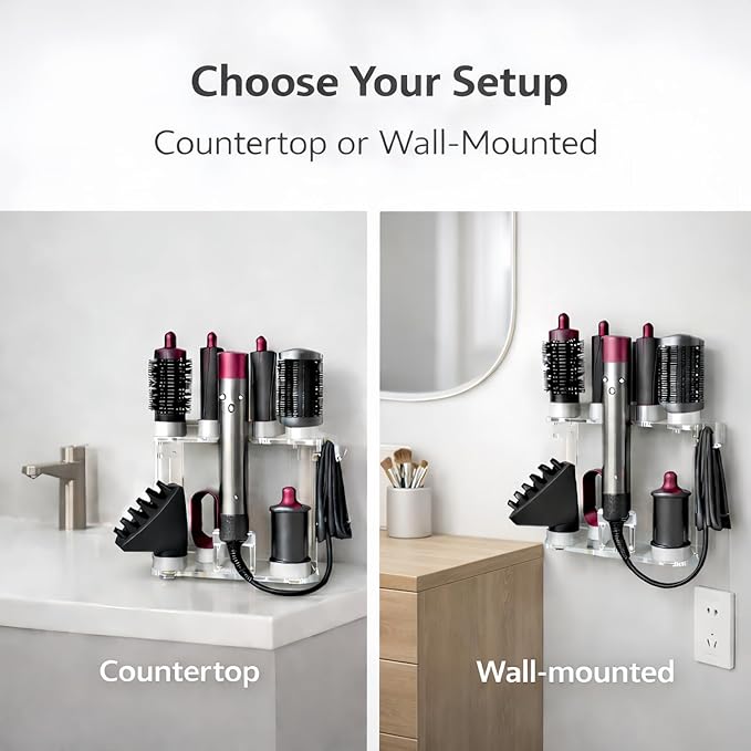 Storage Holder for Dyson Airwrap Organizer with 8 Slots, Clear Acrylic Wall Mount Or Freestanding Stand Fits Shark Hair Dryer Holder, Silicone Pads for Bathroom Vanity Countertop