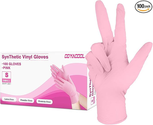 Disposable Gloves Small, Nitrile and Vinyl Blend Material Gloves, Latex Free 4 Mil 100 Pc Food Grade Glove for Cleaning, Food Prep, Hair Dye, Tattoo, Pink