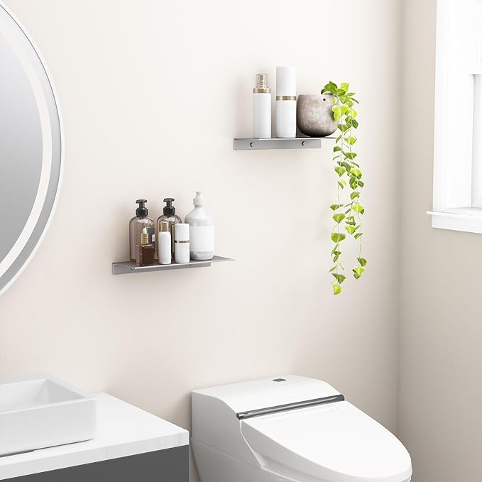 Danpoo Adhesive Floating Shelves for Wall Storage, Metal Wall Shelves for Living Room, Bathroom, Kitchen, 12” Small Display Shelves for Collectibles(Grey, 2 PCS)