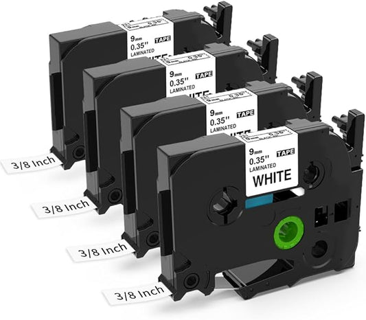 TZe-221 TZ Tape 9mm 0.35 Laminated White Replacement for Brother P Touch Label Tape 3/8 Inch TZ TZe221 Compatible with PT-D200 1280 1180 1830 Label Maker Tape Refills, 8m (26.2 ft), 4 Pack