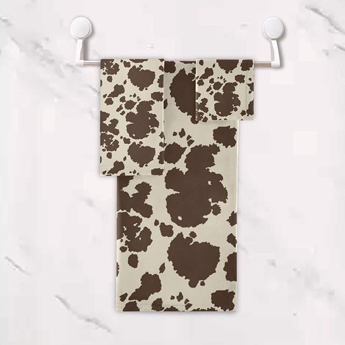 3 Piece Western Cow Print Bath Towels Set,Microfiber Absorbent Rustic Brown Farm Animal Cowhide Towels for Bathroom,1 Bath Towel,1 Hand Towel,1 Washcloth,Cow Gifts Decorative Bathroom Towels