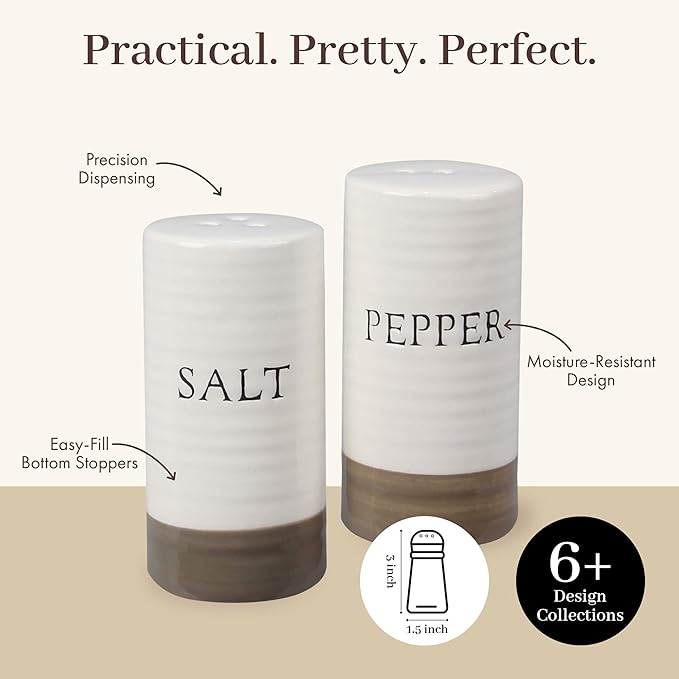 Young's Inc. Farmhouse Ceramic Salt and Pepper Shaker Set - Cute Kitchen Table Accessories and Decor, Small 3-Inch Modern White Rustic Dining Table Decor for Everyday Dining and Gift Giving