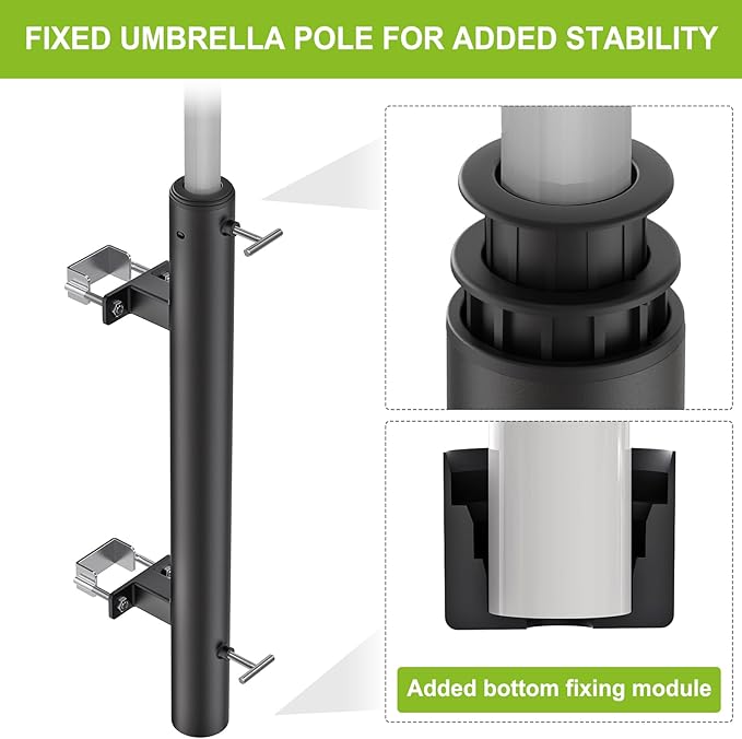 Dolibest Heavy Duty Patio Umbrella Holder, Steel Deck Clamp Holder up to 2'' Umbrella Pole, Deck Mount Umbrella Holder, Space Saving Design, Attaches to Railing Max Width 2 inch, Easy Installation