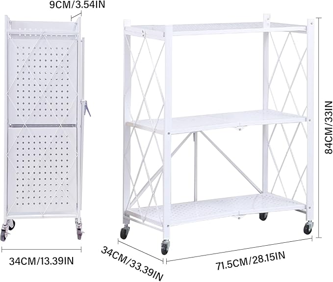 Folding Shelf Foldable Shelves with Wheels - Folding Shelves No Assembly, Collapsible Shelf Unit Display, Kitchen Organizers and Storage, Pop Up Heavy Duty Rack , 3-Tier White 28"D x 14"W x 34"H