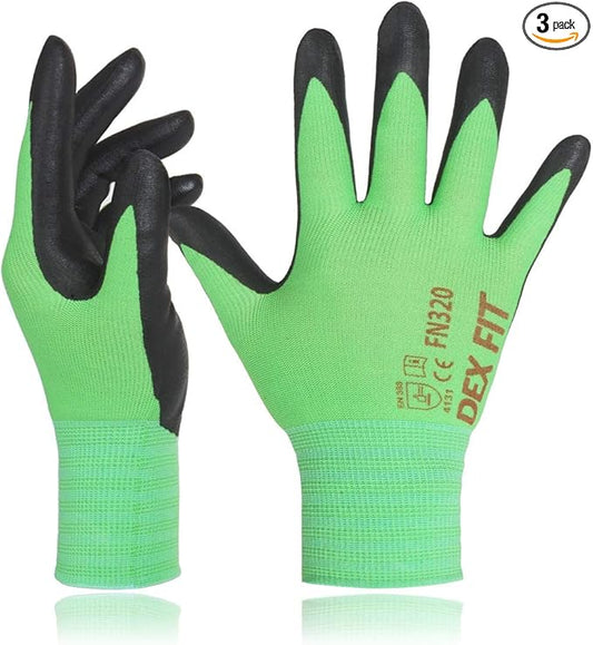 DEX FIT Nylon Work Gloves FN320, 3D Comfort Fit, Power Grip, Lightweight & Breathable, Touchscreen, Gardening, Yard Work, Warehouse, Delivery Driver Gloves; Green 11 (XXL) 3 Pairs