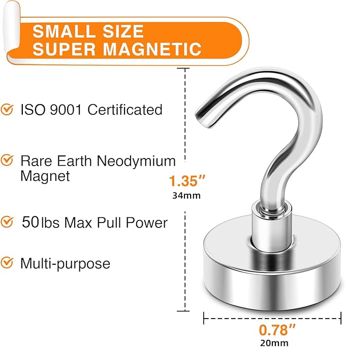 MIKEDE Magnetic Hooks, 50LB+ Heavy Duty Earth Magnets with Hook, Strong Magnets Hooks for Hanging, Cruise Ship, Magnetic Hanger Teacher Must Haves for Classroom, Cabins, Kitchen- 8 Pack