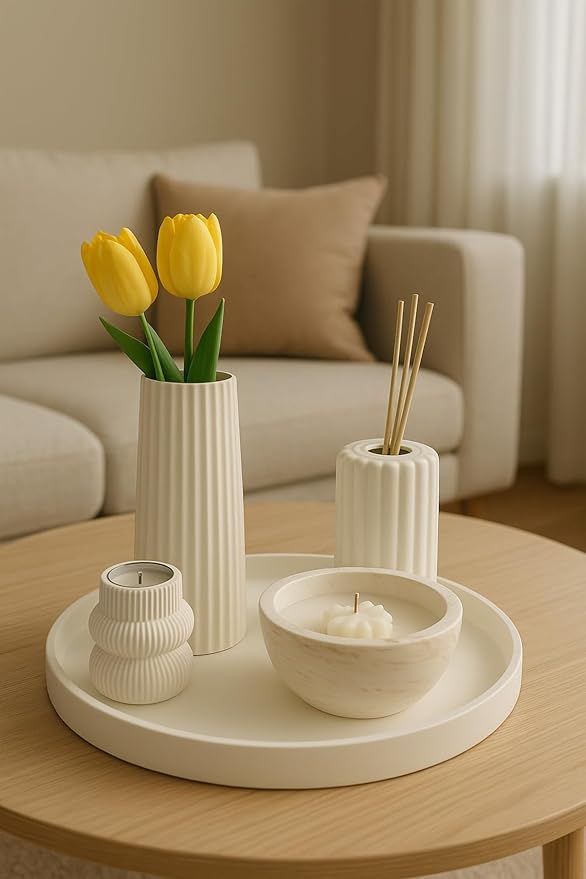 Decorative Concrete Set - Vase, Candle Holder, Room Freshener, and Tray, Minimalist Home Accessories, White - White, One Size