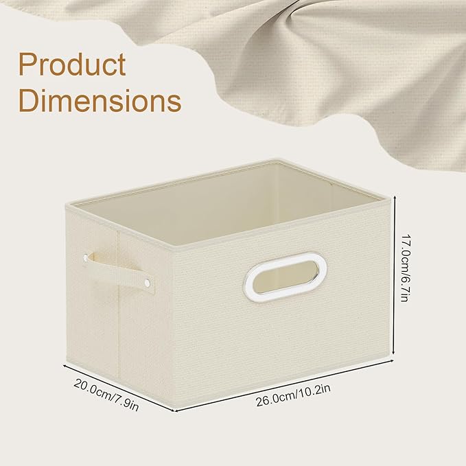 Foldable Cloth Basket with 4 Handles, Decorative Open Storage Boxes, Stackable Cube Organization, Fabric Bins for Shelves, Closet, Living Room, 10.2x7.9x6.7in, Beige, 2 Pack