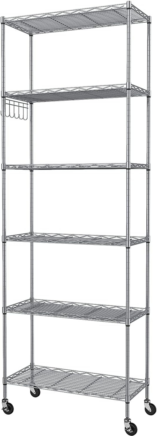 Homdox 6-Tier Storage Shelf Wire Shelving Unit Free Standing Rack Organization with Caster Wheels, Stainless Side Hooks, Silver Gray