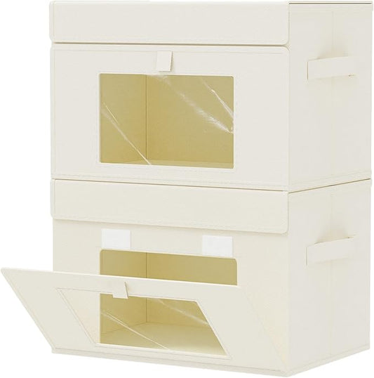 Storage Bins with Lids, Cube Organizer Basket with Window, Closet Boxes with Carrying 2 Handles and Sturdy PP Support Plate, 2 Pack, Beige, 15 x 9.8 x 9.8 In, XSNY17BEL-2