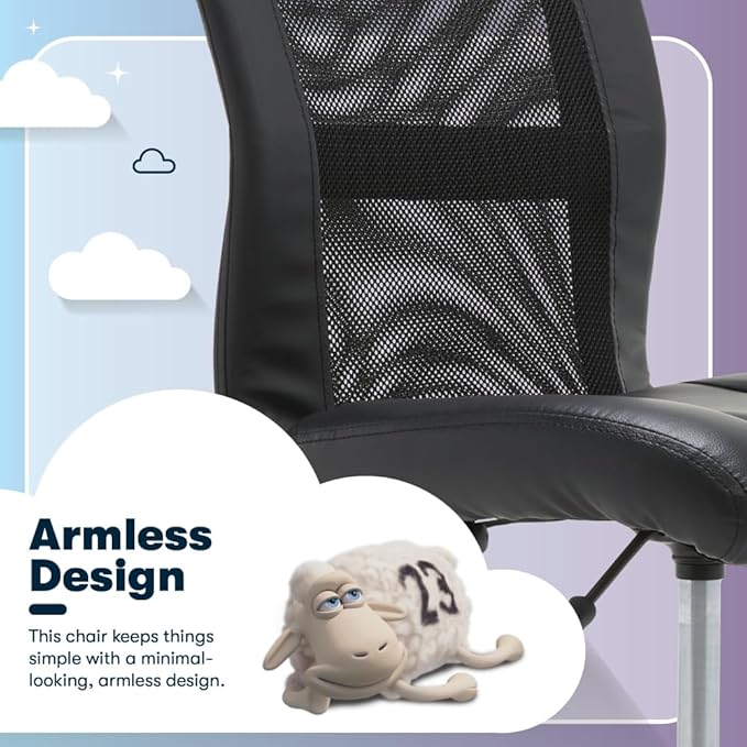 Serta Essential Armless Task Chair, Small Desk Chairs with Wheels, Breathable Mesh Back and Faux Leather, Quality Foam Cushion Seat for Comfort, Minimal Design for Vanity Table, Black