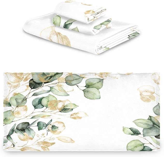 Green Gold Leave Bath Towels Set,3 Piece Eucalyptus Leaf Towel Set(1 Bath Towel 1 Hand Towel 1 Washcloth),Absorbent Microfiber Decorative Bathroom Towels for Shower,Fingertip,Hair,Face